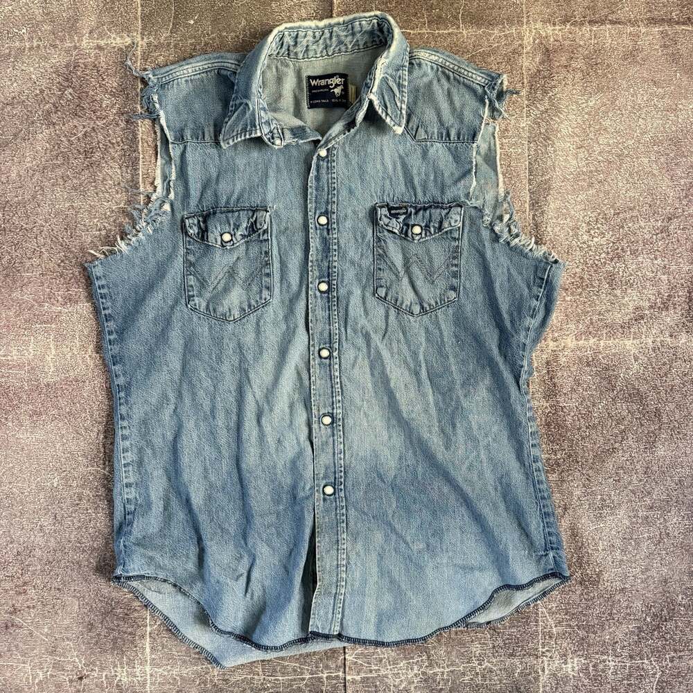 Men's Vintage 90's Wrangler Western Wear Denim Cut Off Pearl Snap L/S Shirt Sz L